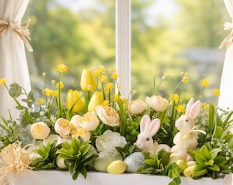 Yellow Easter Centerpiece: Spring Floral Arrangement with Bunnies