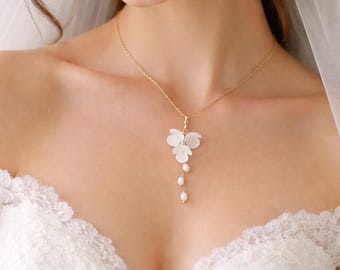 Pearl Flower Bridal Necklace: Clay Flowers Wedding Necklace, Gold Floral Jewelry