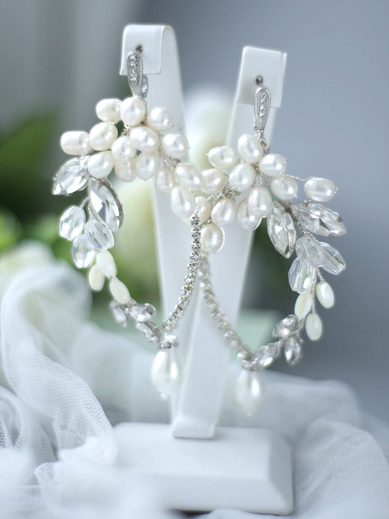 Pearl Crystal Wedding Earrings, Long Pearl Bridal Earrings, Pearl Silver Earrings, Handmade Earrings image 2