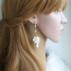 Long Pearl Flower Ball Earrings, Flower Bridal Earrings, Flower Wedding Earrings, White Lilac Earrings image 8