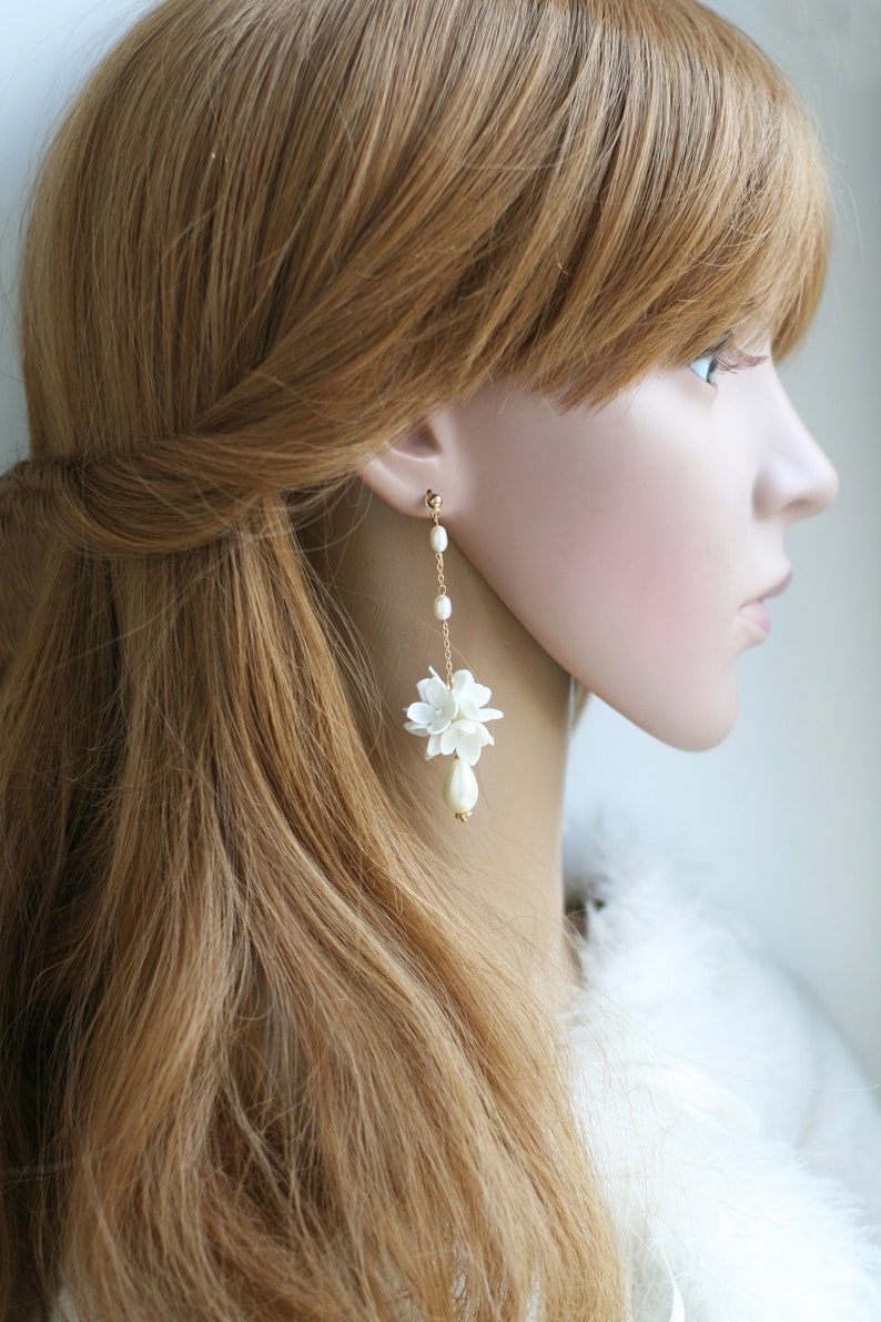 Long Pearl Flower Ball Earrings, Flower Bridal Earrings, Flower Wedding Earrings, White Lilac Earrings image 8