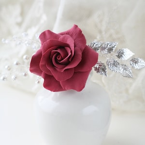 Burgundy Rose Hair Pin: Handmade Polymer Clay Flower, Bridal Accessory