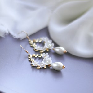 Floral Wedding Earrings, Pearl Gold Earrings, Flower Bridal Earrings, Gold Hoop Earrings, Leaf Earrings image 4