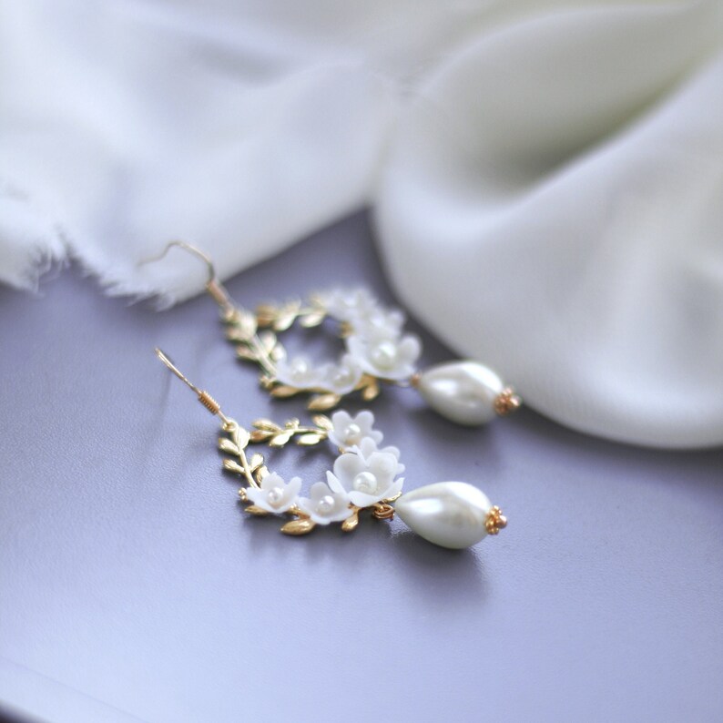 Floral Wedding Earrings, Pearl Gold Earrings, Flower Bridal Earrings, Gold Hoop Earrings, Leaf Earrings image 4