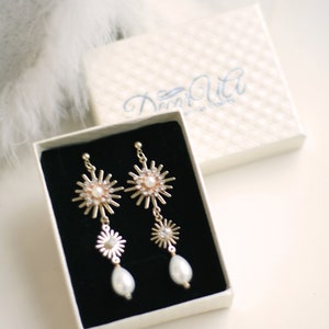 Silver Star Earrings, Drop Pearl Wedding Earrings Silver, Pearl Silver Bridal Earrings, Celestial Star Earrings image 6