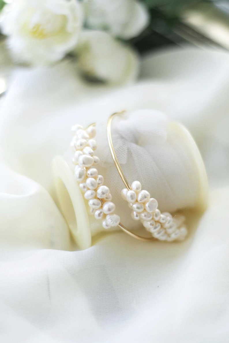 Natural Pearl Hoop Wedding Earrings Silver Hoop Pearl Bridal Earrings Silver Pearl Jewelry image 5