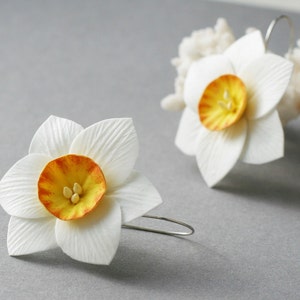 White Daffodil Earrings: Handmade Polymer Clay Flower Jewelry