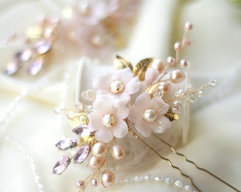 Blush Flower Wedding Hair Pins: Pearl & Crystal Rose Gold Hairpiece