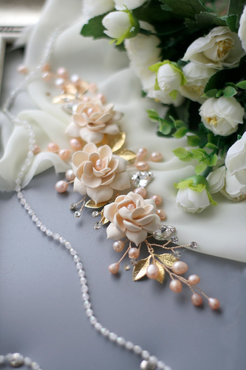 Peach Pearl Headpiece Flower Wedding Headpice Gardenia Wedding Etsy