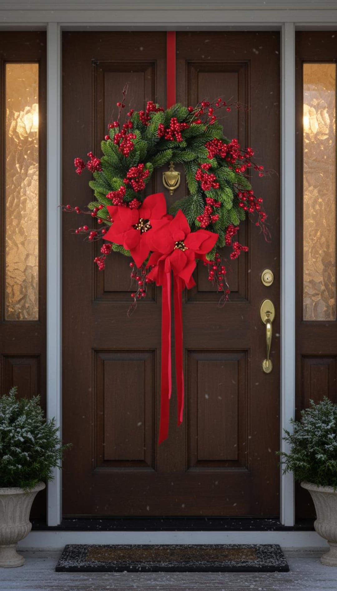 Classic Christmas Wreath With Red Berry Poinsettia Velvet Bow, Greenery ...