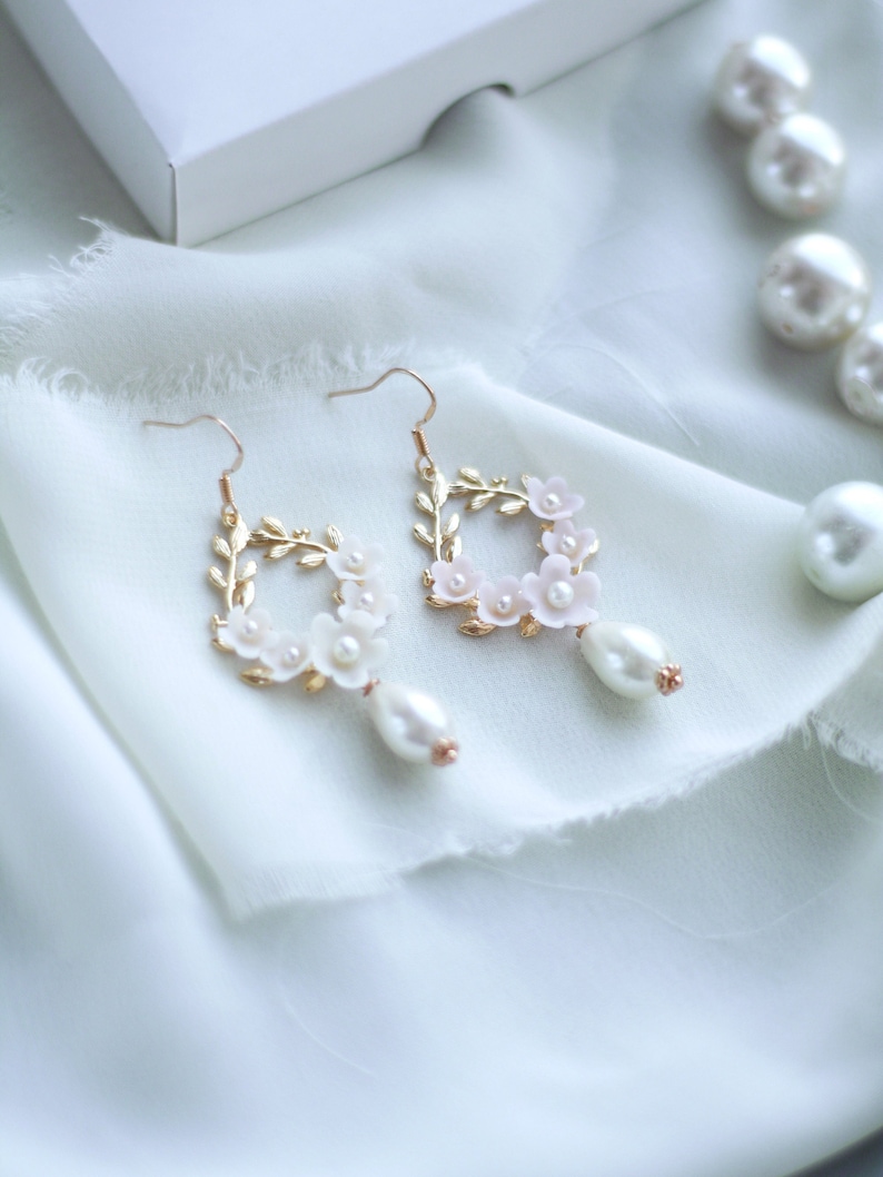 Floral Wedding Earrings, Pearl Gold Earrings, Flower Bridal Earrings, Gold Hoop Earrings, Leaf Earrings blush