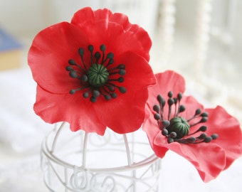 Red Poppy Hair Clip: Polymer Clay Flower Brooch