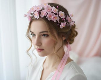 Handmade Clay Sakura Blossom Crown: Flower Wedding Hair Piece - Etsy