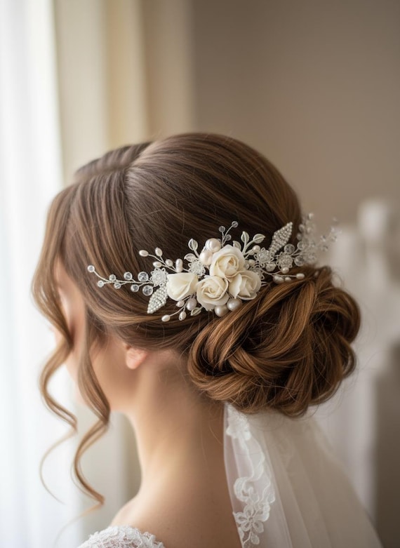 Silver Bridal Hair Comb: Pearl & Ivory Rose Flower Headpiece  display picture 2