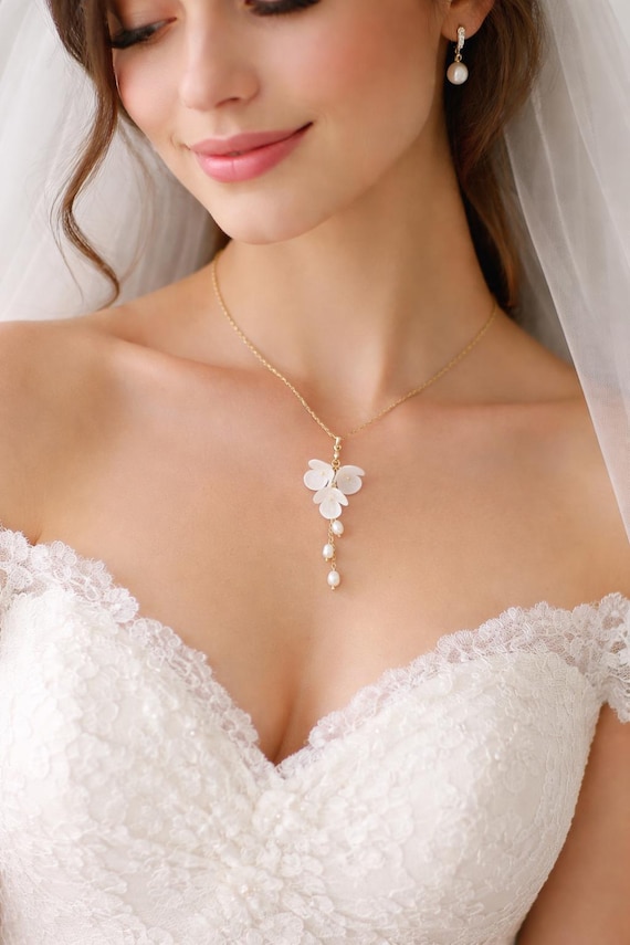 Pearl Flower Bridal Necklace: Clay Flowers Wedding Necklace, Gold Floral Jewelry