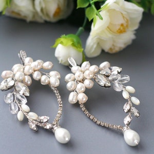 Pearl Crystal Wedding Earrings, Long Pearl Bridal Earrings, Pearl Silver Earrings, Handmade Earrings image 4