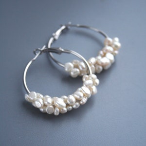 Natural Pearl Hoop Wedding Earrings Silver Hoop Pearl Bridal Earrings Silver Pearl Jewelry 1.3"(40mm)/silver