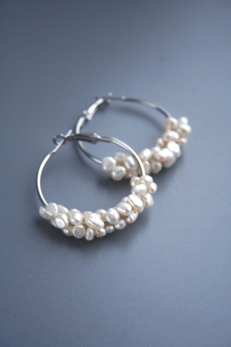 Natural Pearl Hoop Wedding Earrings Silver Hoop Pearl Bridal Earrings Silver Pearl Jewelry 1.3"(40mm)/silver