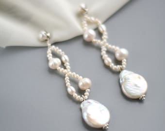 Drop Pearl Bruids oorbellen, Zoetwater Parel Bruiloft Oorbellen, Barokke Parel Oorbellen, Lange Boho Oorbellen, Twisted Oorbellen