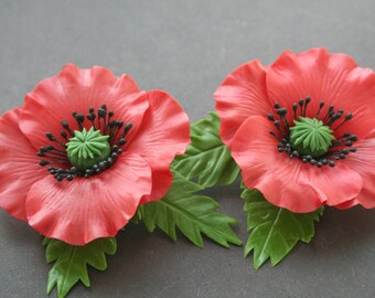 Red Poppy hair clip, Red poppy hair pins, Poppy brooch, Red hair clip, Clay flower, Poppy jewelry, Mothers Day Gift For Her