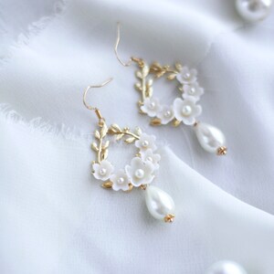 Floral Wedding Earrings, Pearl Gold Earrings, Flower Bridal Earrings, Gold Hoop Earrings, Leaf Earrings image 2