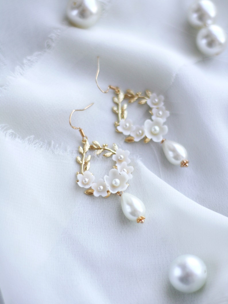 Floral Wedding Earrings, Pearl Gold Earrings, Flower Bridal Earrings, Gold Hoop Earrings, Leaf Earrings image 2