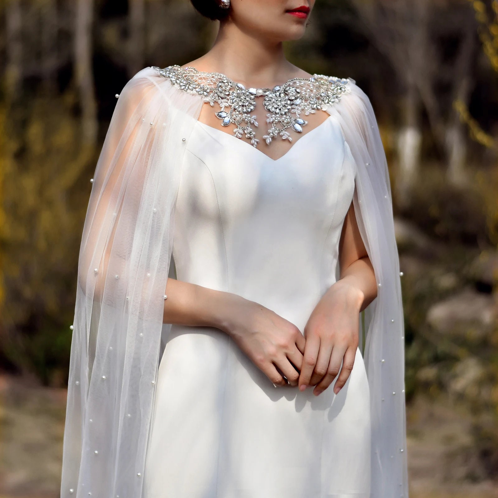 Rhinestone Pearl Bridal Cape: Tulle Wedding Cover-Up