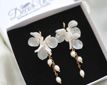 Long Pearl Flower Bridal Earrings: Floral Pearl Wedding Jewelry