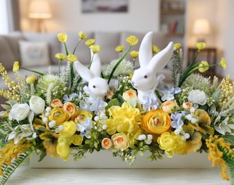 Yellow Easter Centerpiece with Bunny, Spring home decor