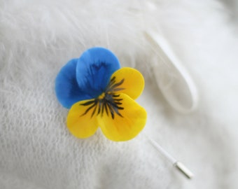 Blau Gelbe Brosche, Stiefmütterchen Brosche, Stiefmütterchen Schmuck, Blumen Brosche, Ukrainische Brosche, Ukrainischer Schmuck