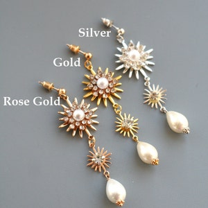 Gold Star Celestial Earrings: Pearl Bridal Jewelry, Wedding Earrings