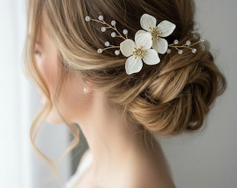 Gold Hydrangea Flower Bridal Hair Comb: Rhinestone Floral Hair Piece