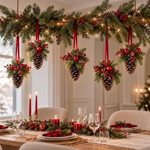 May include: Five hanging ornaments featuring natural brown pinecones, green faux evergreen sprigs, and bright red berries, suspended by red ribbons from a horizontal branch adorned with fairy lights above a dining table with red candles.