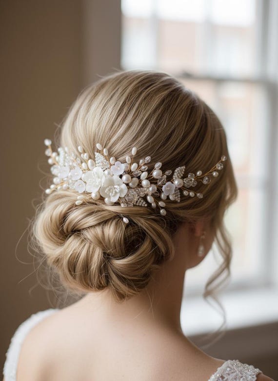 Floral Pearl Bridal Headpiece: Gold, Pearl & Crystal Wedding  display picture 2