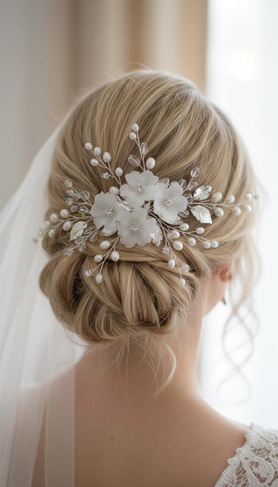 Silver Flower Bridal Hair Comb: Floral Wedding Headpiece - Etsy display picture 1