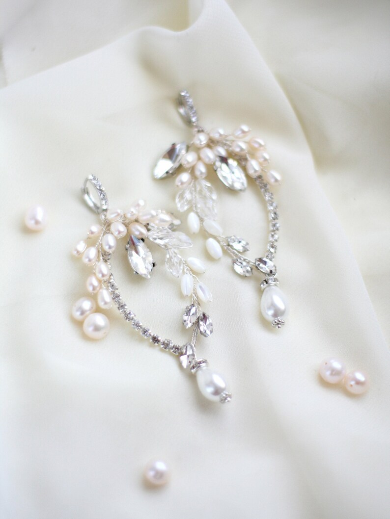 Pearl Crystal Wedding Earrings, Long Pearl Bridal Earrings, Pearl Silver Earrings, Handmade Earrings image 7