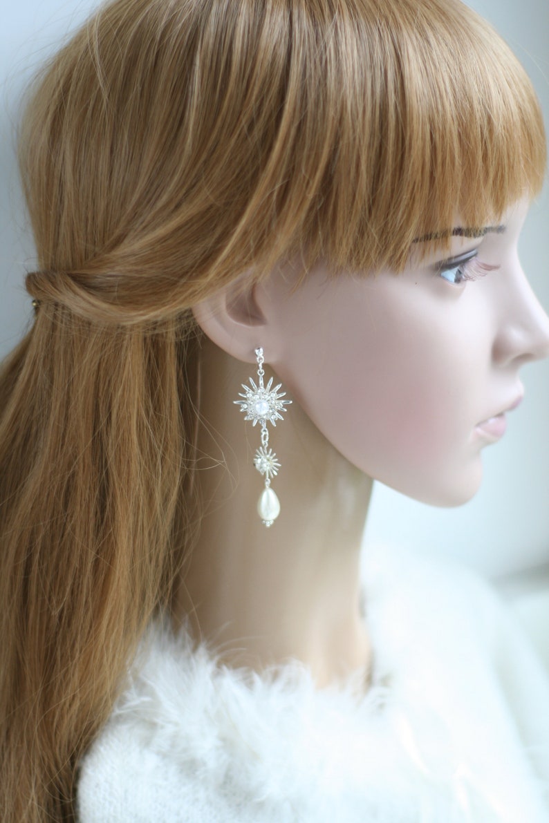 Silver Star Earrings, Drop Pearl Wedding Earrings Silver, Pearl Silver Bridal Earrings, Celestial Star Earrings image 3