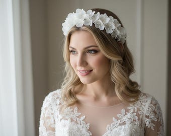 White Clay Flower Bridal Tiara: Hydrangea Blossom Headpiece