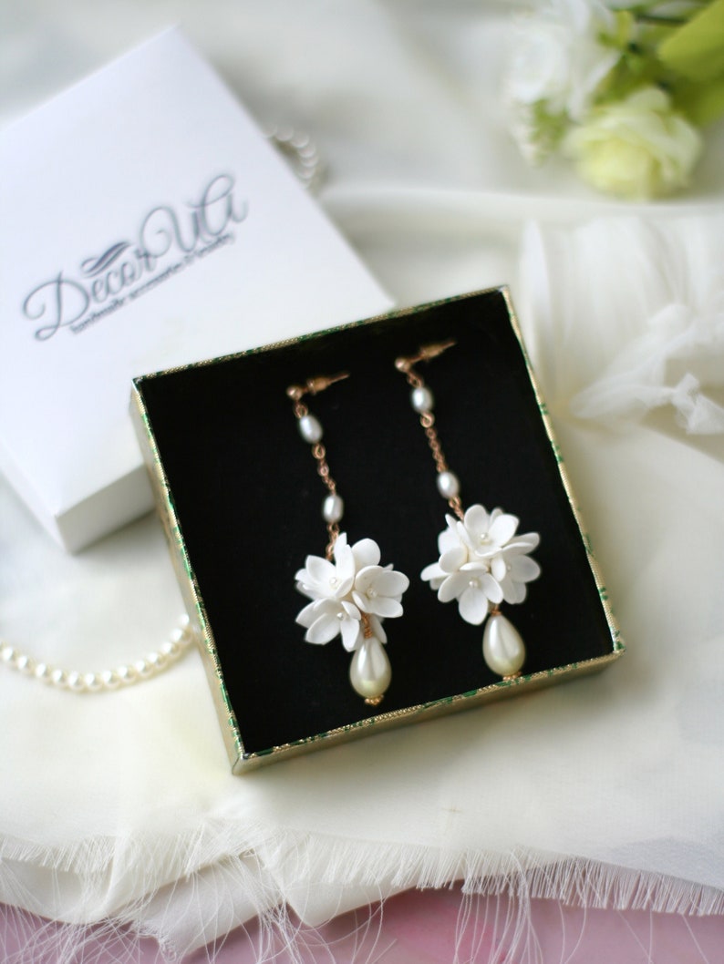 Long Pearl Flower Ball Earrings, Flower Bridal Earrings, Flower Wedding Earrings, White Lilac Earrings image 7