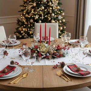 Large Christmas Candle Centerpiece, Holiday Table Decor, Gold Red Berry Arrangement image 4