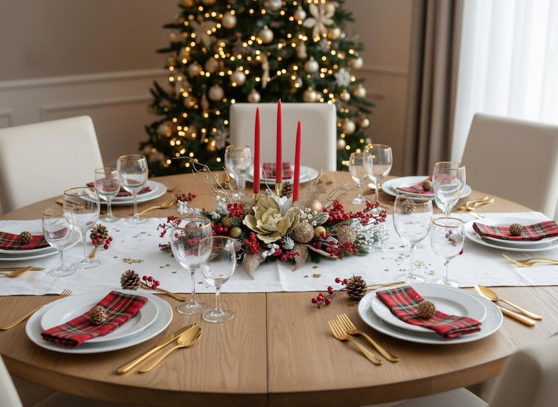 Large Christmas Candle Centerpiece, Holiday Table Decor, Gold Red Berry Arrangement image 4