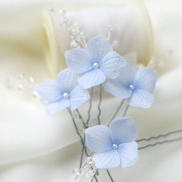 1 stuks iets blauwe haarspelden, blauwe hortensia bloem haarspelden, bloem bruids haarspelden, blauwe bruiloft haarspelden, kristallen haarspelden