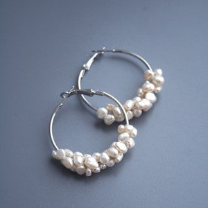 Natural Pearl Hoop Wedding Earrings Silver Hoop Pearl Bridal Earrings Silver Pearl Jewelry image 2