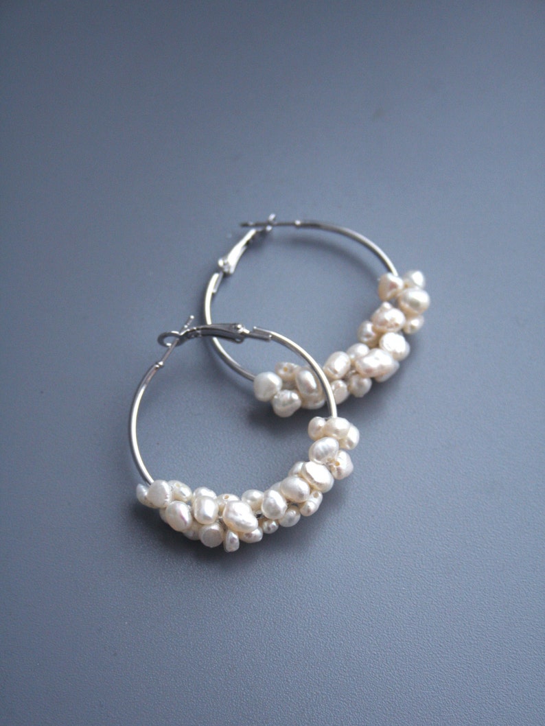 Natural Pearl Hoop Wedding Earrings Silver Hoop Pearl Bridal Earrings Silver Pearl Jewelry image 2