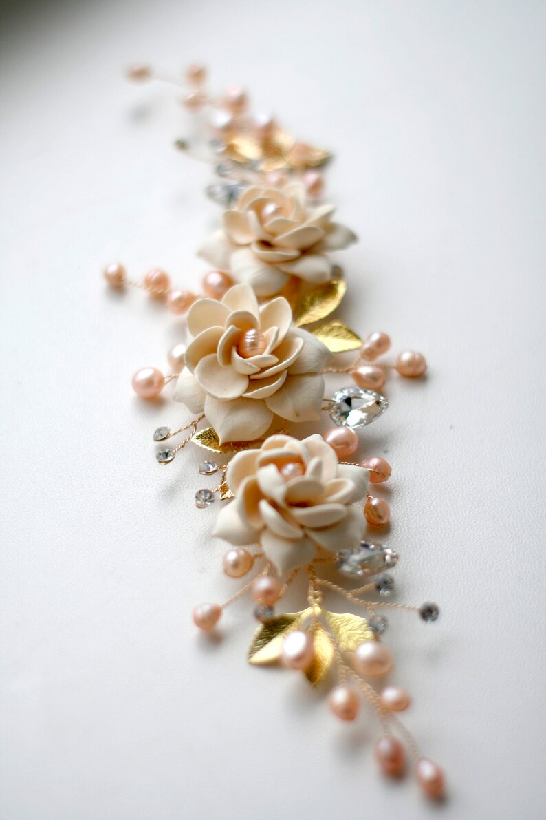 Peach Pearl Headpiece Flower Wedding Headpice Gardenia Wedding Etsy