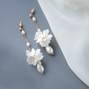 Long Pearl Flower Ball Earrings, Flower Bridal Earrings, Flower Wedding Earrings, White Lilac Earrings image 2