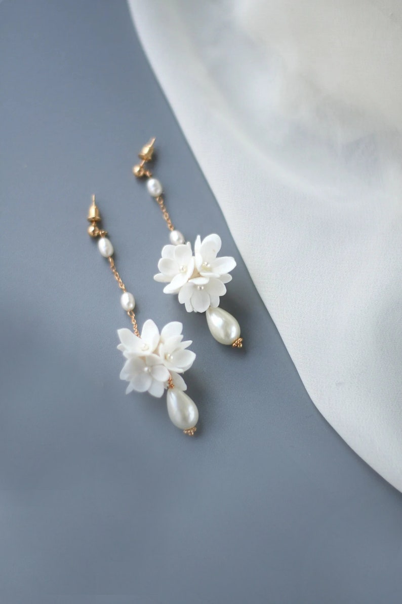 Long Pearl Flower Ball Earrings, Flower Bridal Earrings, Flower Wedding Earrings, White Lilac Earrings image 2