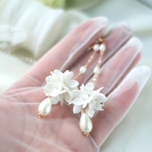 Long Pearl Flower Ball Earrings, Flower Bridal Earrings, Flower Wedding Earrings, White Lilac Earrings image 5