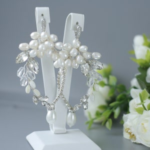 Pearl Crystal Wedding Earrings, Long Pearl Bridal Earrings, Pearl Silver Earrings, Handmade Earrings image 6