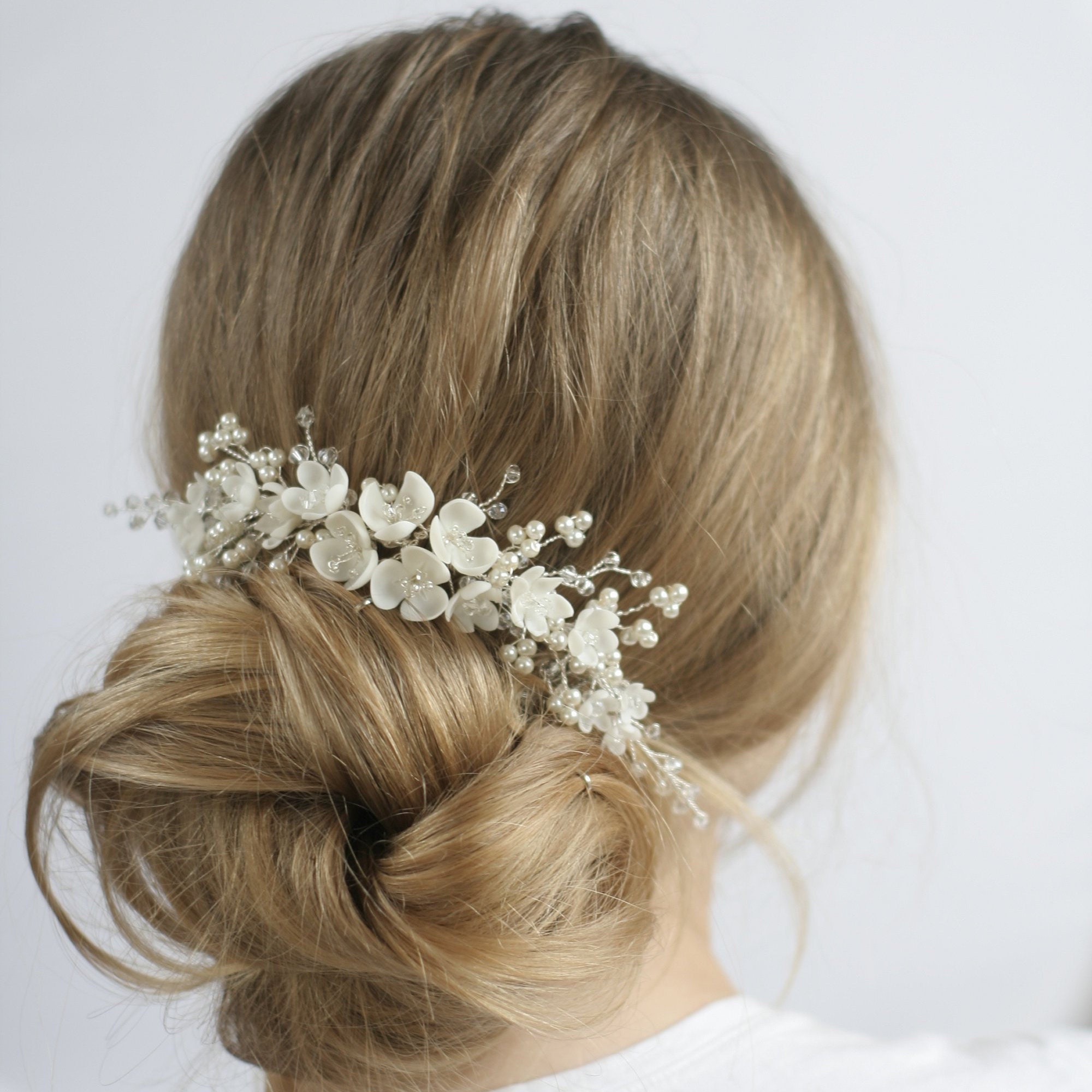 Pearl Flower Wedding Hair Comb: Clay Flower Bridal Headpiece